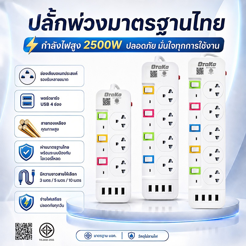 ปลั๊กพ่วง USB 4 ช่อง มอก. 2500W ปลั๊กไฟมาตรฐานไทย ป้องกันไฟกระชาก สายยาว 3M/5M/10M