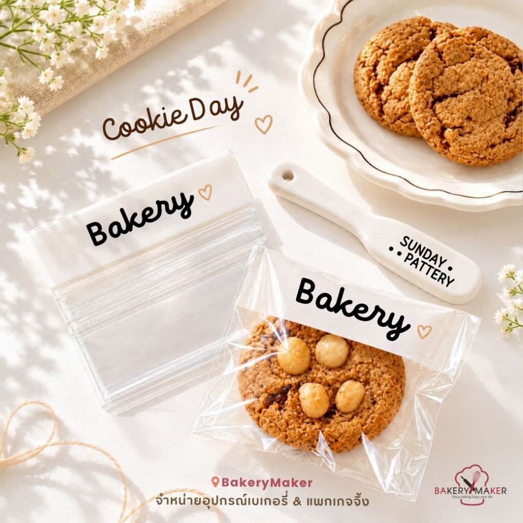 ถุงคุกกี้/ถุงซีลใสพิมพ์ลาย Bakery  10 x12 ซม.แพค 50 ใบ ถุงซีล ใส แถบขาว