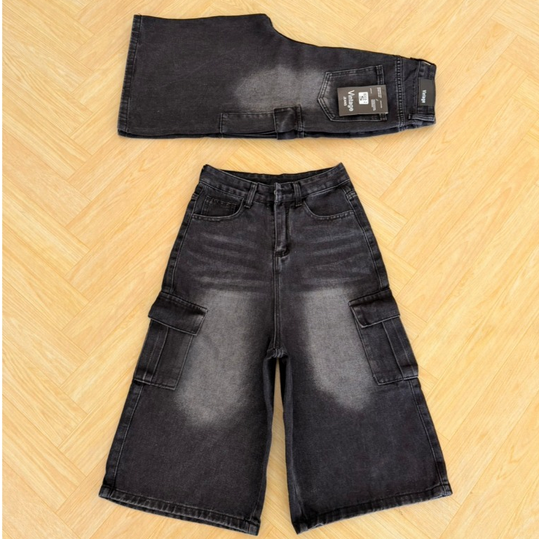 กางเกงยีนส์คาร์โก้ขาสั้น5ส่วน ความยาว28'' สีดำเฟด ป้ายVintage  #8008-2