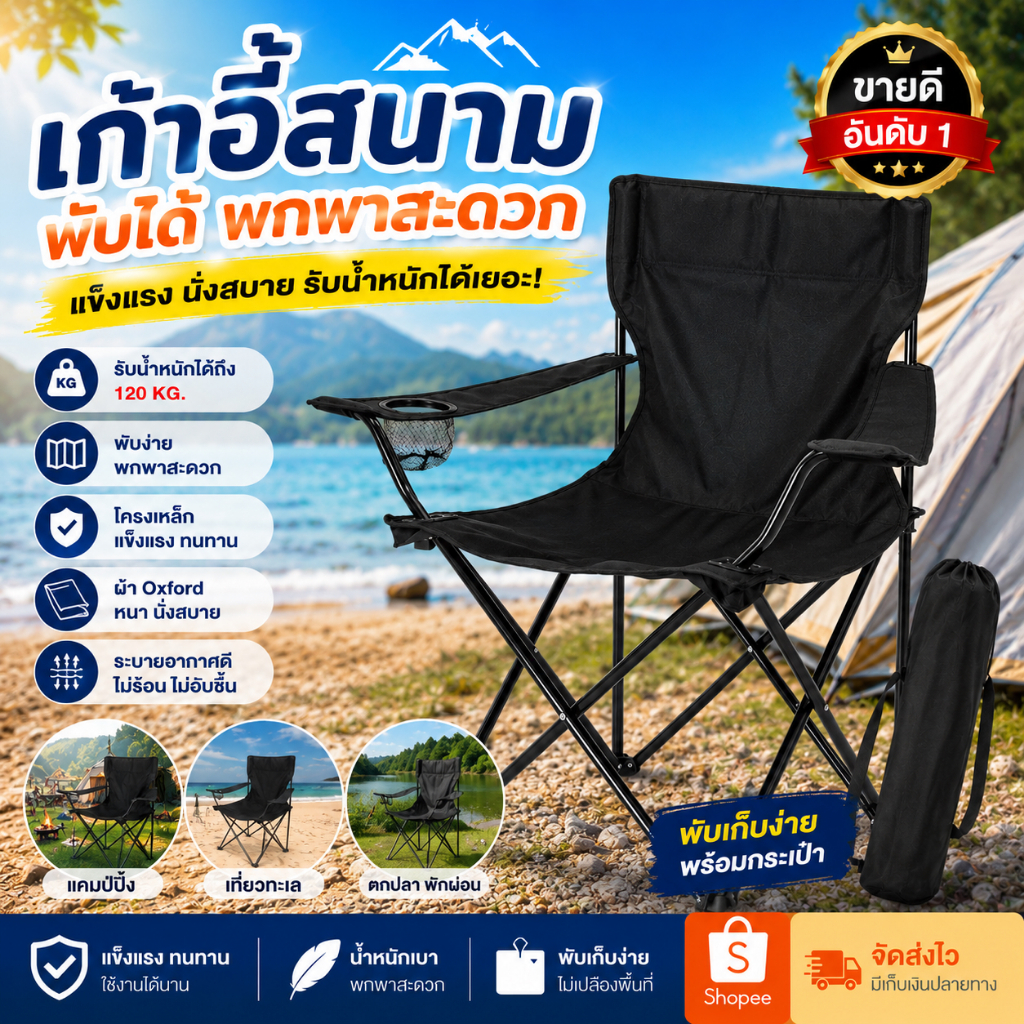 💥💥ถูกที่สุด💥💥แถมฟรี! กระเป๋าหิ้วพกพา เก้าอี้แคมป์ปิ้งพับได้ ไปปิคนิก เก้าอี้สนาม