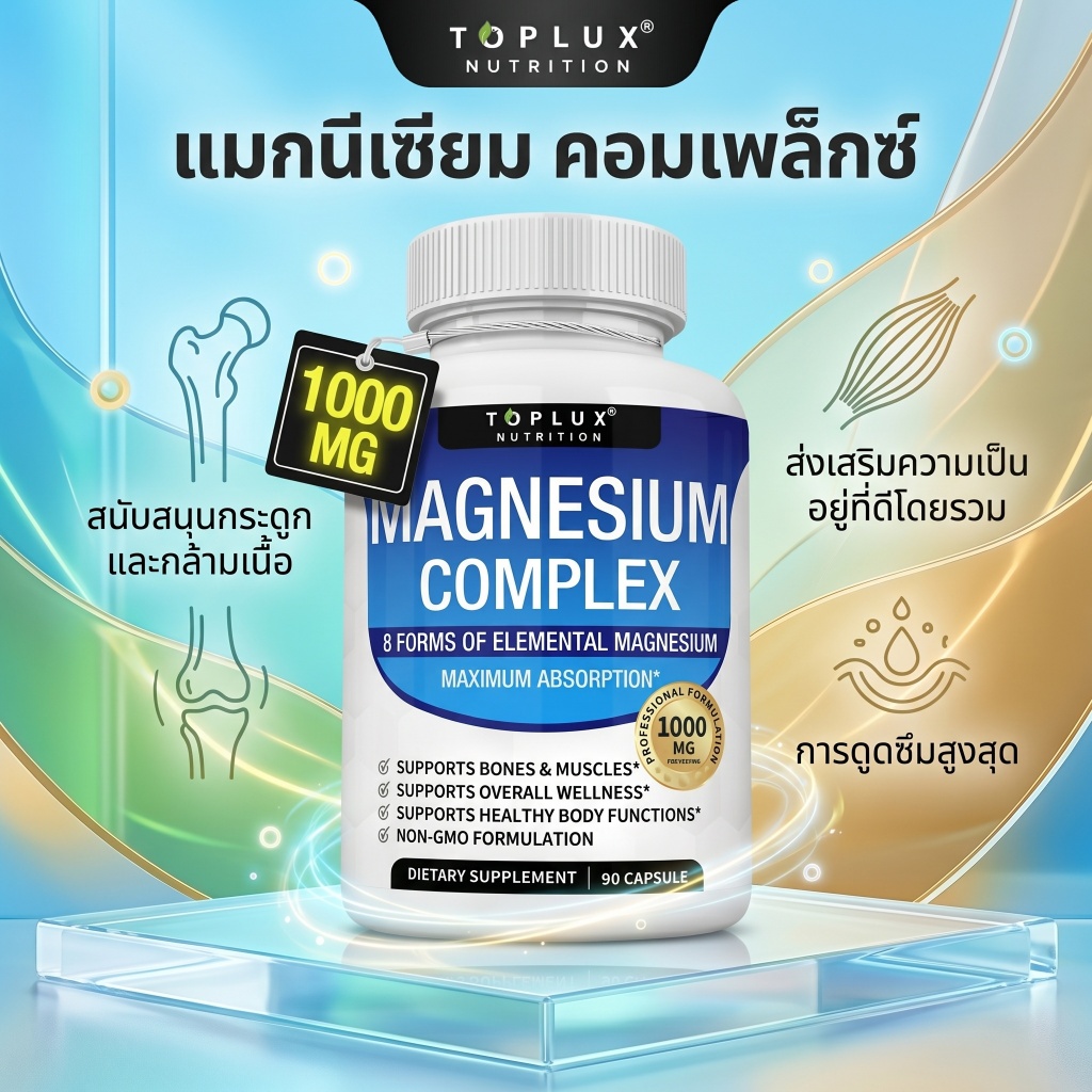 Toplux Magnesium Complex 8 ชนิด 1000mg 90 แคปซูล แมกนีเซียม บำรุงกระดูก กล้ามเนื้อ ลดตะคริว ฟื้นฟู พลังงาน