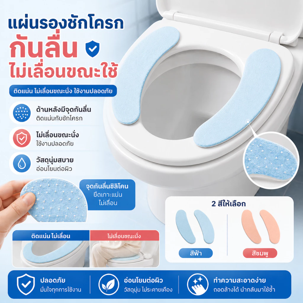 [ส่งจากไทย] 🚽แผ่นรองนั่งชักโครก กันลื่นไม่เลื่อนขณะใช้ จุดกันลื่นซิลิโคนหนึบหนับ วัสดุนุ่มสบายผิวฟินสุดๆ✨