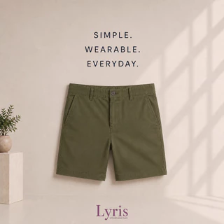 Lyris KADE กางเกงขาสั้นผู้ชาย ผ้าชิโน่ สีเขียวโอลิฟ (17 นิ้ว) วินเทจ ใส่สบาย ไม่รัดเป้า ลำลองสุภาพ