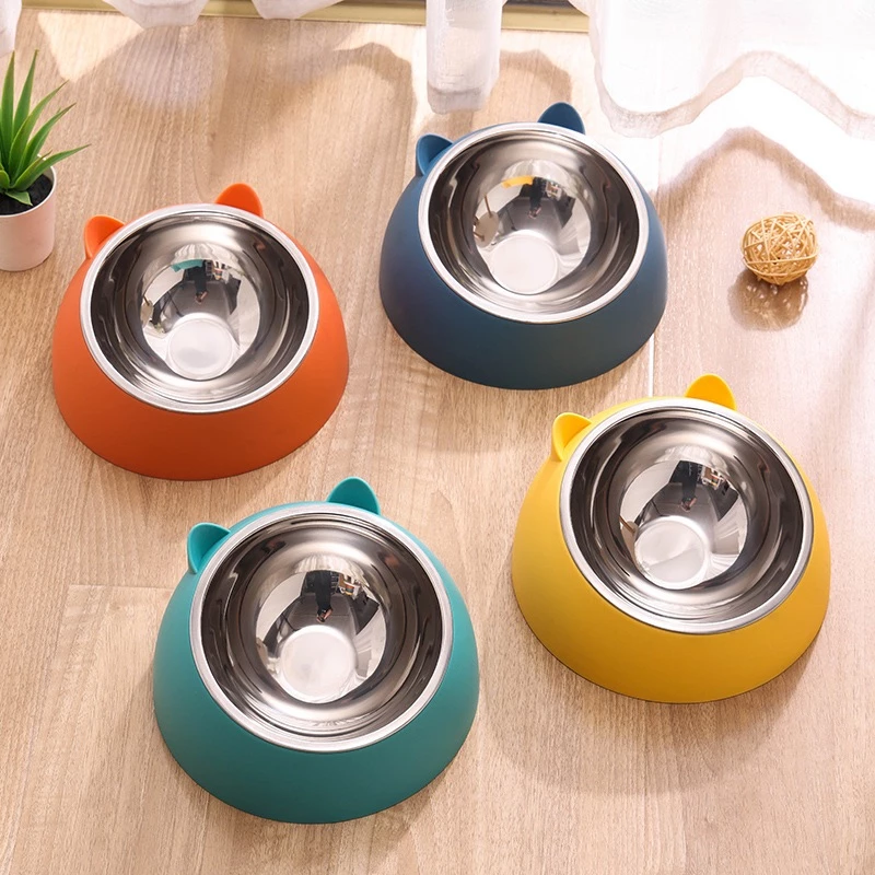 PEKO PET&CAT [BW092] ชามใส่อาหารสัตว์เลี้ยง ชามหูแมวเอียง15องศา ชามสแตนเลสถอดได้