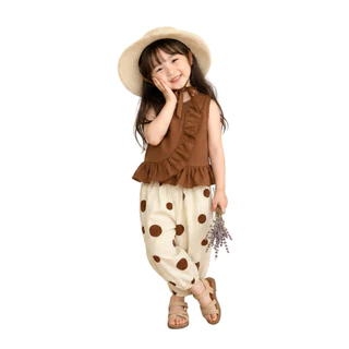 Hania kids พร้อมส่ง ชุดเซ็ตเด็กผู้หญิง 3 ชิ้น สีน้ำตาลครีม ลุคคุณหนูน้อย เสื้อผ้าแฟชั่นเด็ก- K4125014