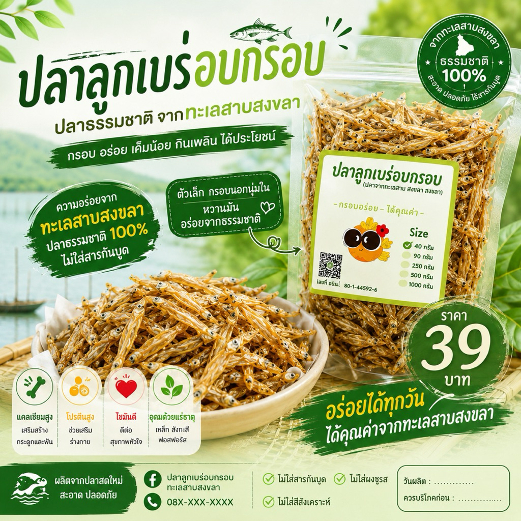 ปลาลูกเบร่อบกรอบ ผสมถั่วอัลมอนด์ ขนาด 40 กรัม (พร้อมทาน)