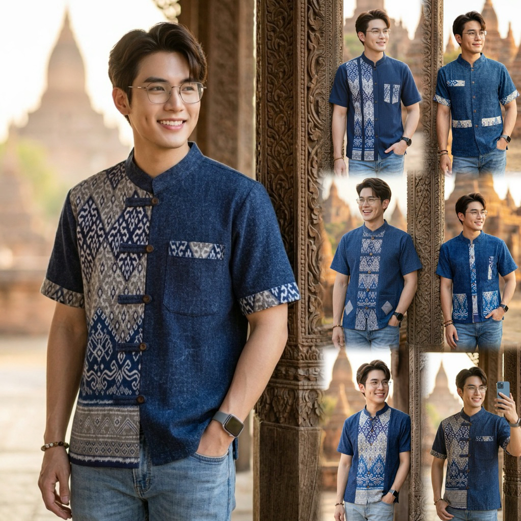 เสื้อพื้นเมืองผู้ชายคอจีนแต่งแถบผ้าลายไทย รุ่น "ทรัพย์สง่า"
