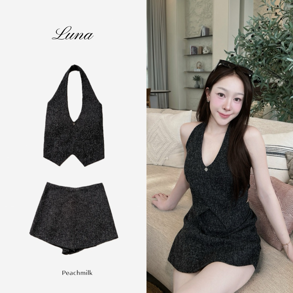 PEACHMILK - Luna เสื้อคล้องคอผ้าทวีตมีฟองน้ำในตัว กระโปรงกางเกงผ้าทวีต ลุคลูกคุณหนู
