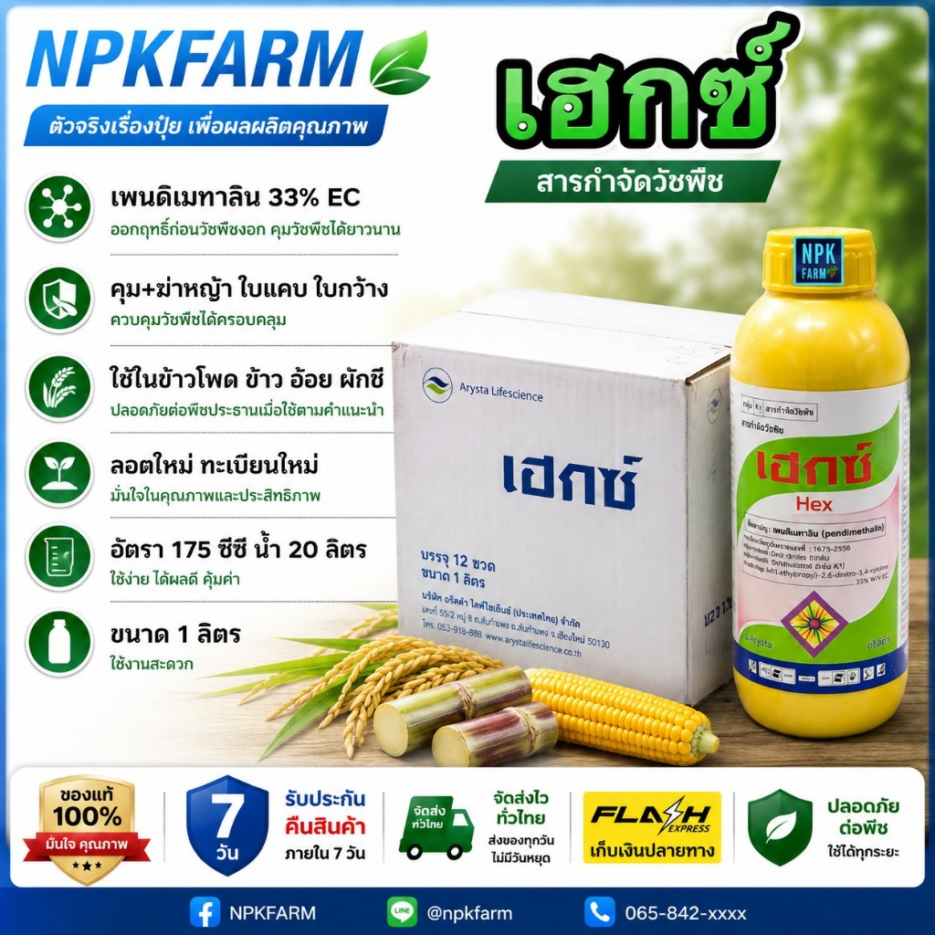 ขายยกลัง เฮกซ์ ขนาด 1 ลิตร ยกลัง 12 ขวด เพนดิเมทาลิน คุมหญ้าใบแคบและใบกว้าง ปลอดภัยต่อพืชประธาน นา