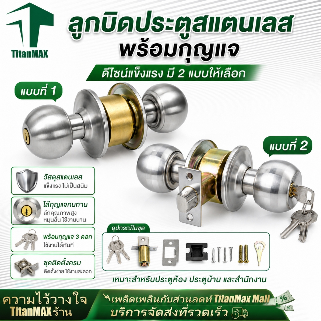 ลูกบิดประตู สแตนเลส ลูกบิดห้องน้ำ ลูกบิดรุ่นมีกุญแจ ไส้ทองเหลือง ทนทาน กันสนิม ติดตั้งง่าย ลูกบิดทั่วไป ลูกบิดคุณภาพดี