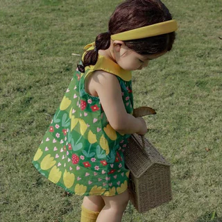 Hania Kids พร้อมส่ง ชุดเดรสกระโปรงสีเขียว ลายดอกไม้ สไตล์เกาหลี ชุดเดรสแฟชั่นเด็กผู้หญิง -K4124991