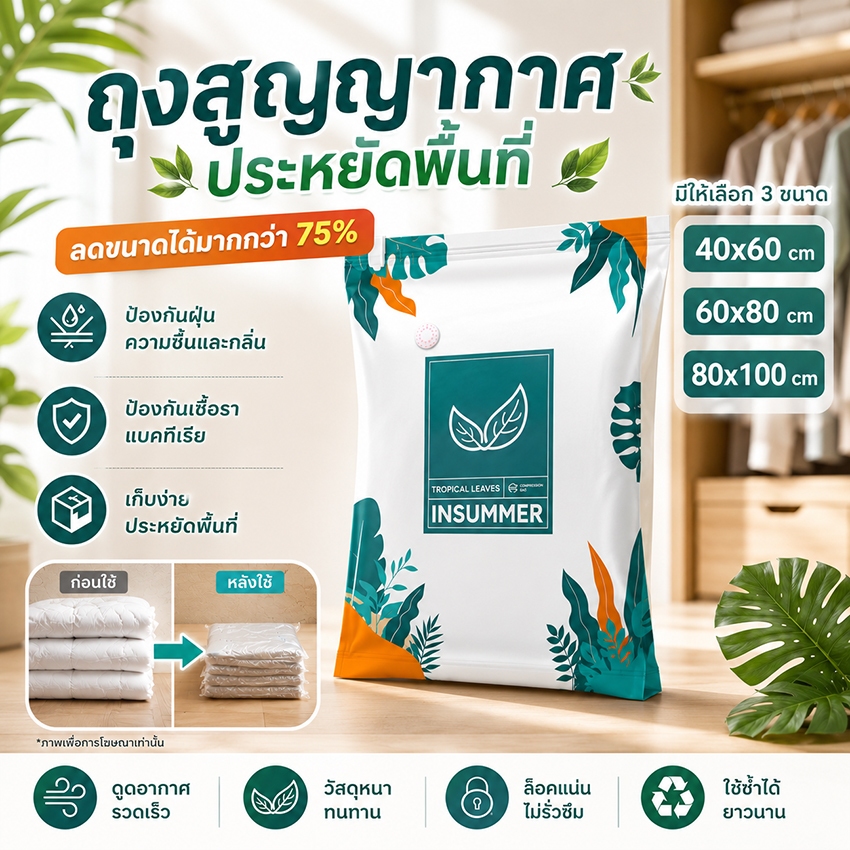 Storage Vacuum Bag ถุงจัดเก็บผ้านวม เสื้อผ้า ผ้าห่ม มีวาล์วซีลแน่น กันฝุ่น กันชื้น ประหยัดพื้นที่