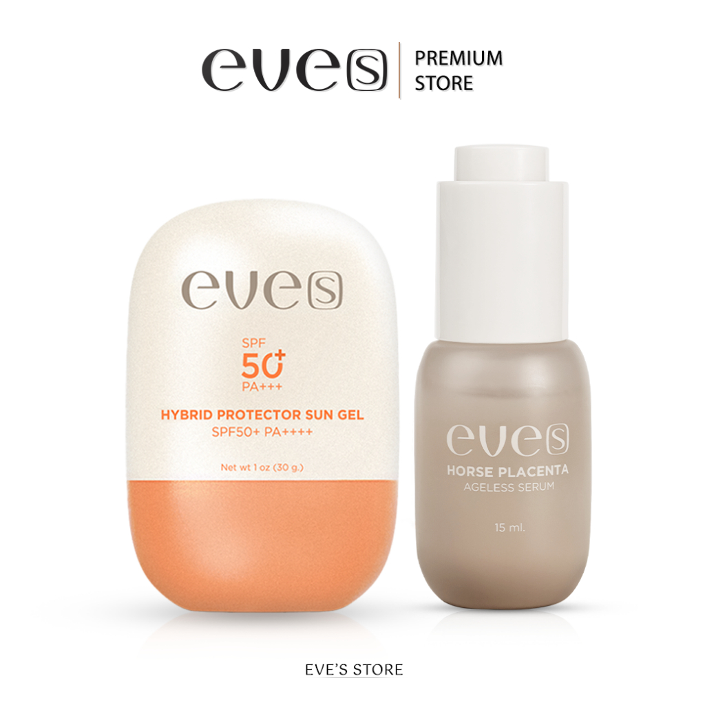 EVES อีฟส์  เซ็ตคู่หน้าใสท้าแดด ไม่กลัวแสง เซรั่มรกม้า กันแดดซันเจล กระชับรูขุมขน ผิวขาวกระจ่างใส ป้องกันรังษี UVA UVB