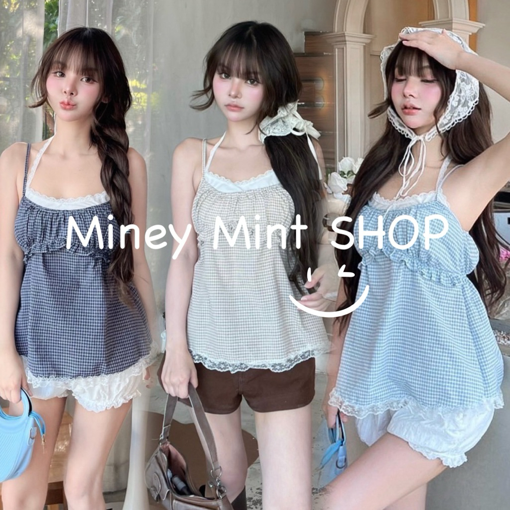 miniminey เสื้อสายเดี่ยว แต่งลูกไม้ ชายระบาย