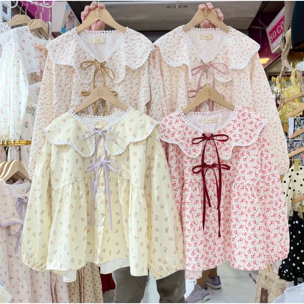 ป้าย Lilly เสื้อผ้าครัชแขนยาวปกหยักกุ้นสี แต่งโบว์ผูก อก 42 นิ้ว