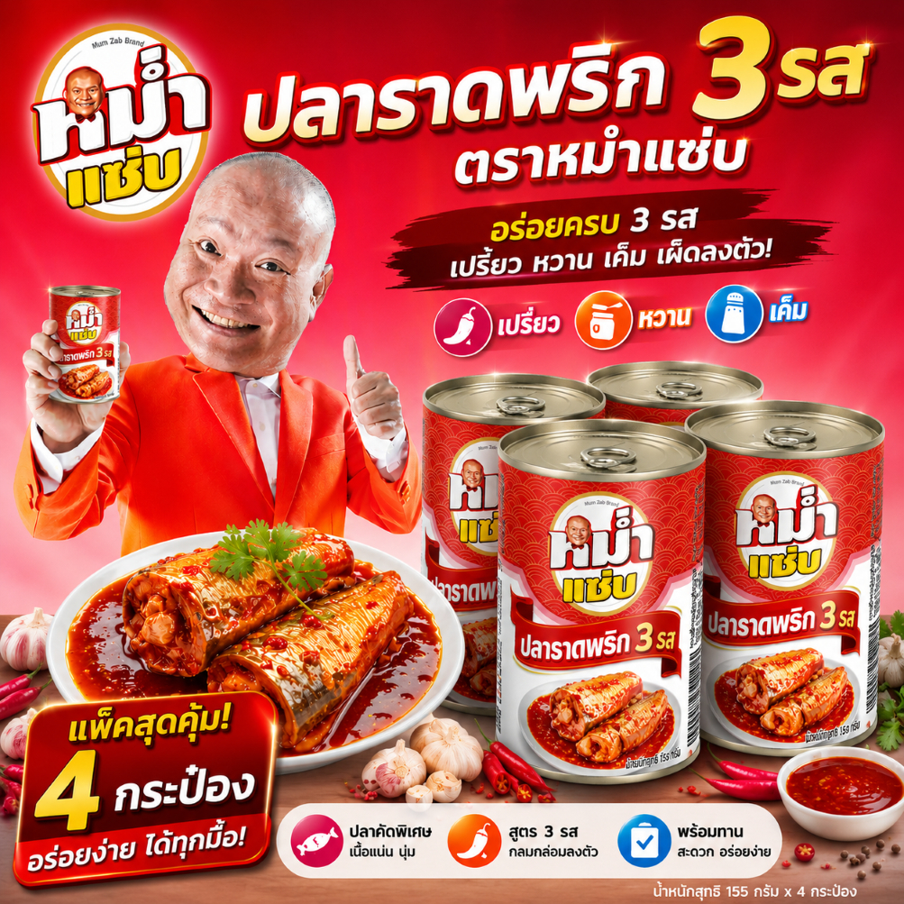 ปลาราดพริกสามรส ตราหม่ำแซ่บ หอมเครื่องแกงแบบไทยแท้ x4 x10 กระป๋อง