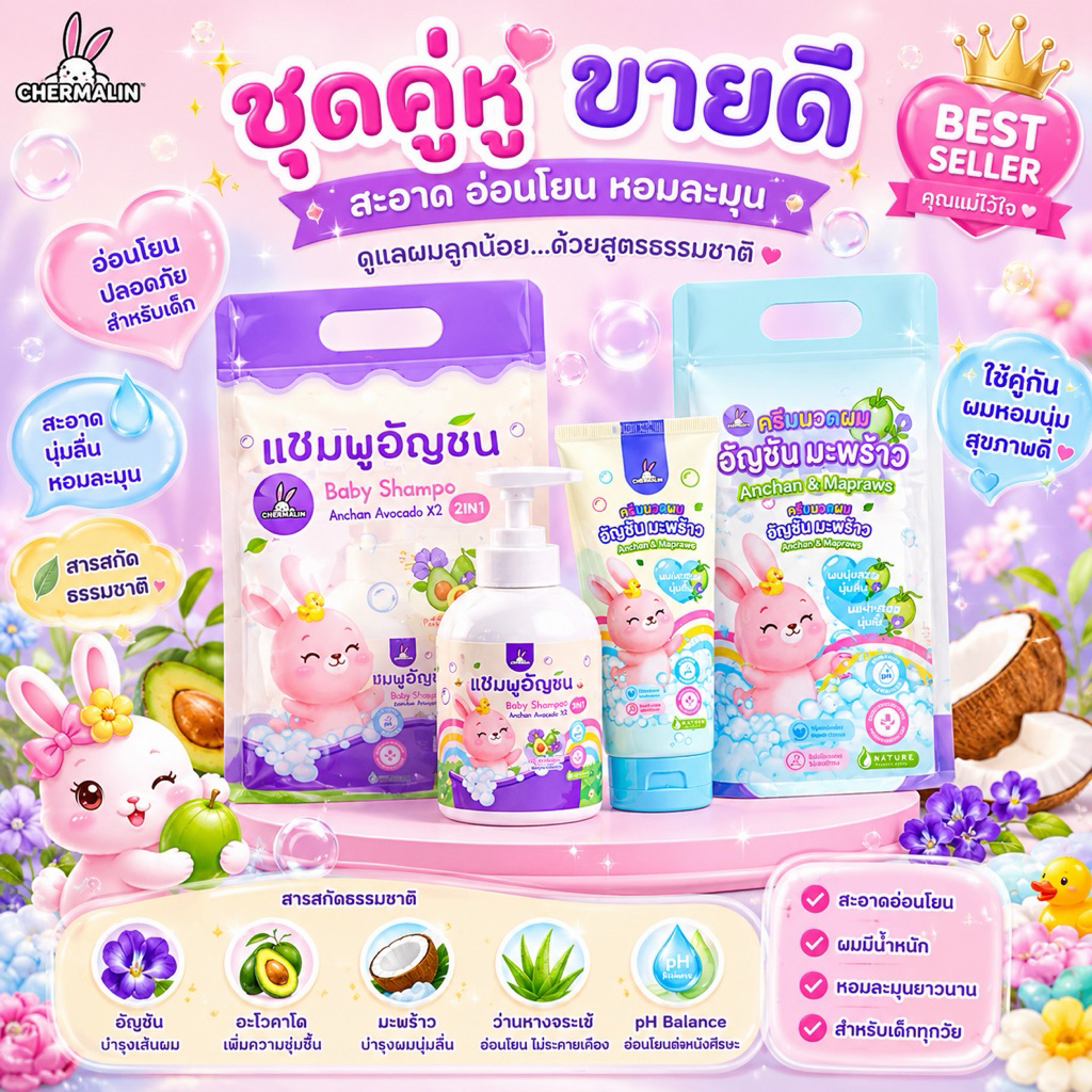 [ เซ็ทคู่ ]แชมพูอัญชันอโวคาโด (250 ml.) และครีมนวดอัญชันมะพร้าว( 250 ml.) เพื่อผมลูกน้อยที่นุ่มสวย