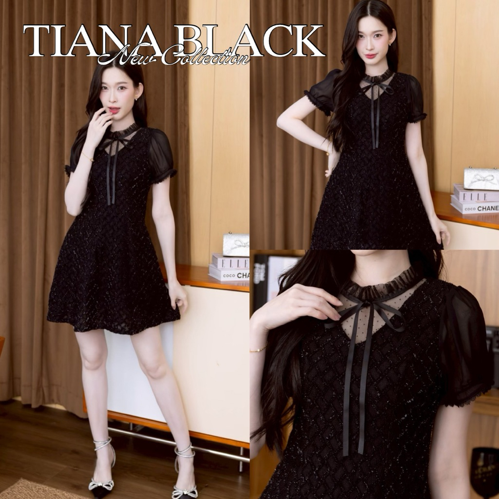 🌸TIANA BLACK DRESS🌸 (TYL149) เดรสไหมพรม ทรงสวย เข้ารูป