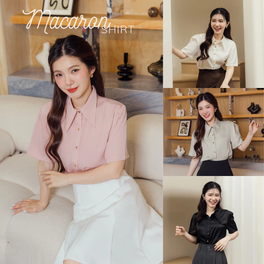 Onceandtwice | Macaron Shirt เสื้อเชิ้ตผู้หญิงคอปก แขนสั้น ผ้าซาตินเนื้อนุ่ม แต่งจีบไหล่ กระดุมทอง ลุคคุณหนู ใส่ทำงาน