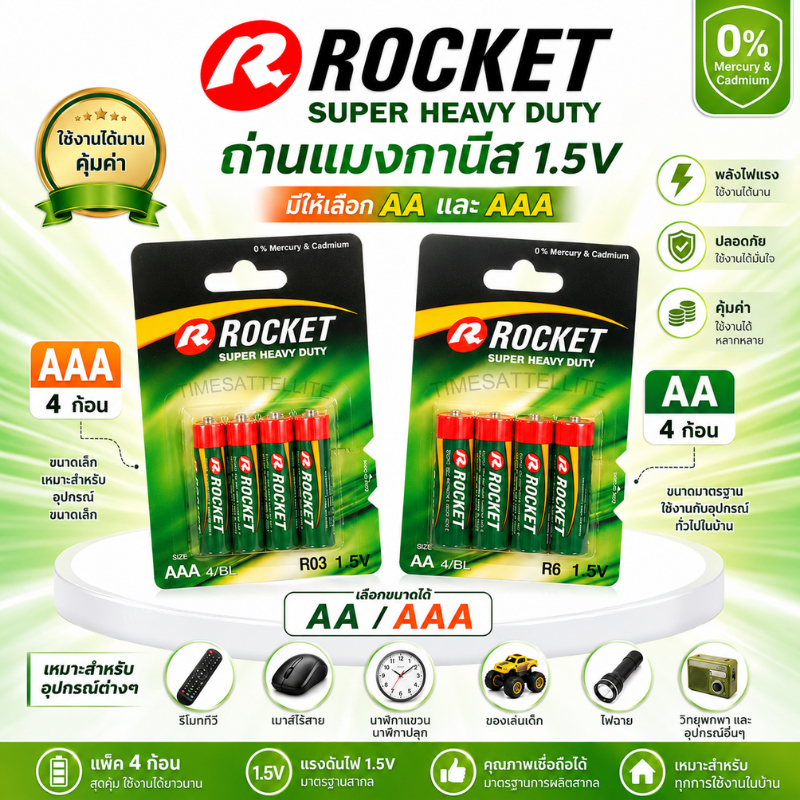 ถ่าน AA/AAA  Rocket 1.5V 4ก้อน ถ่านรีโมท ถ่านของเล่น ใช้งานอเนกประสงค์