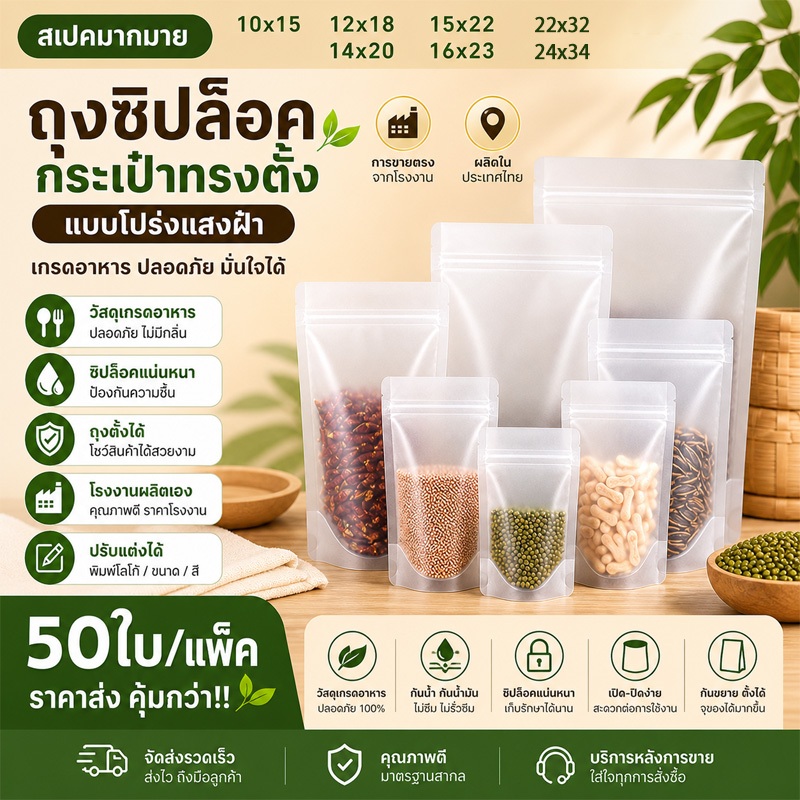 ถุงบรรจุอาหารผิวด้าน ตั้งได้เอง มองเห็นได้ ซิปปิดสนิท กันน้ำ กันฝุ่น หลายขนาด แพ็คละ 50 ใบ