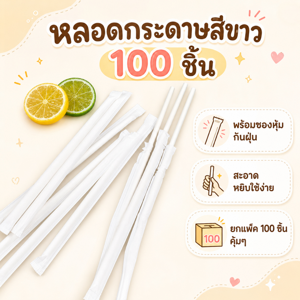 (100 ชิ้น) หลอดกระดาษสีขาวพร้อมซองบรรจุ หลอดดูดน้ำ ทนน้ำ 24+ ชม. หลอดใช้แล้วทิ้ง
