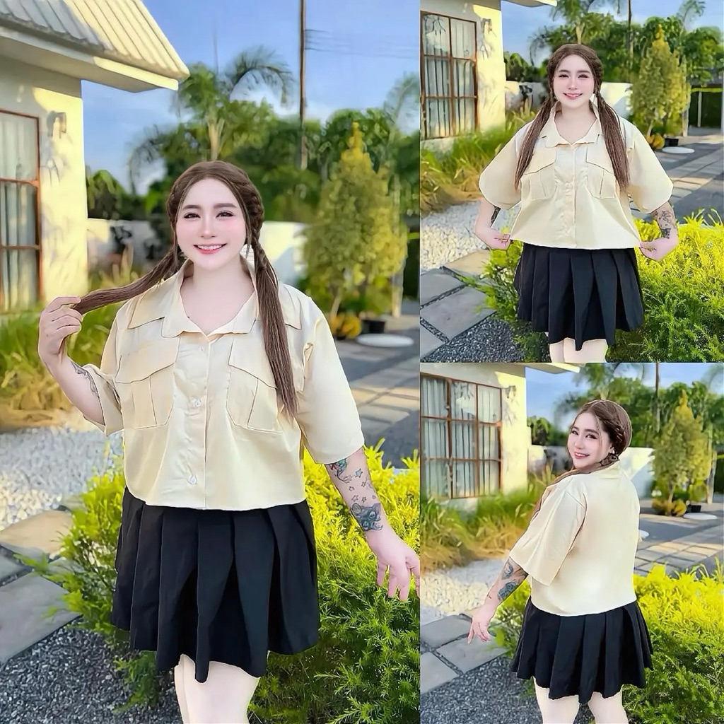 S68เสื้อเชิ้ตครอปแขนสั้น มีกระเป๋าหน้า ไซส์ใหญ่ รอบอก42-52นิ้ว ความยาว18นิ้ว ผ้าบาร์บี้