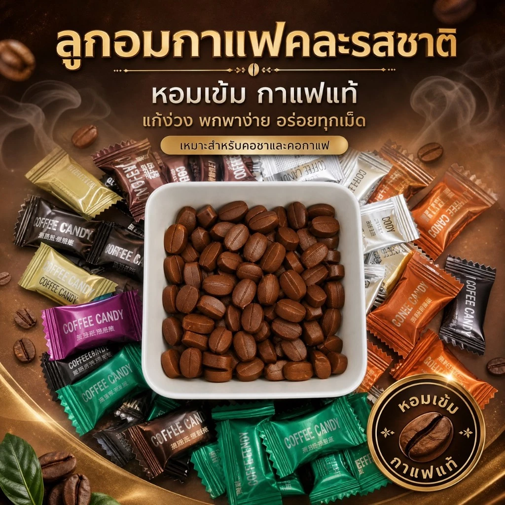 ลูกอมกาแฟรสเข้ม เคี้ยวเพลิน หอม หวานกำลังดี เหมาะสำหรับพนักงานออฟฟิศ นักศึกษา คนทำงานดึก