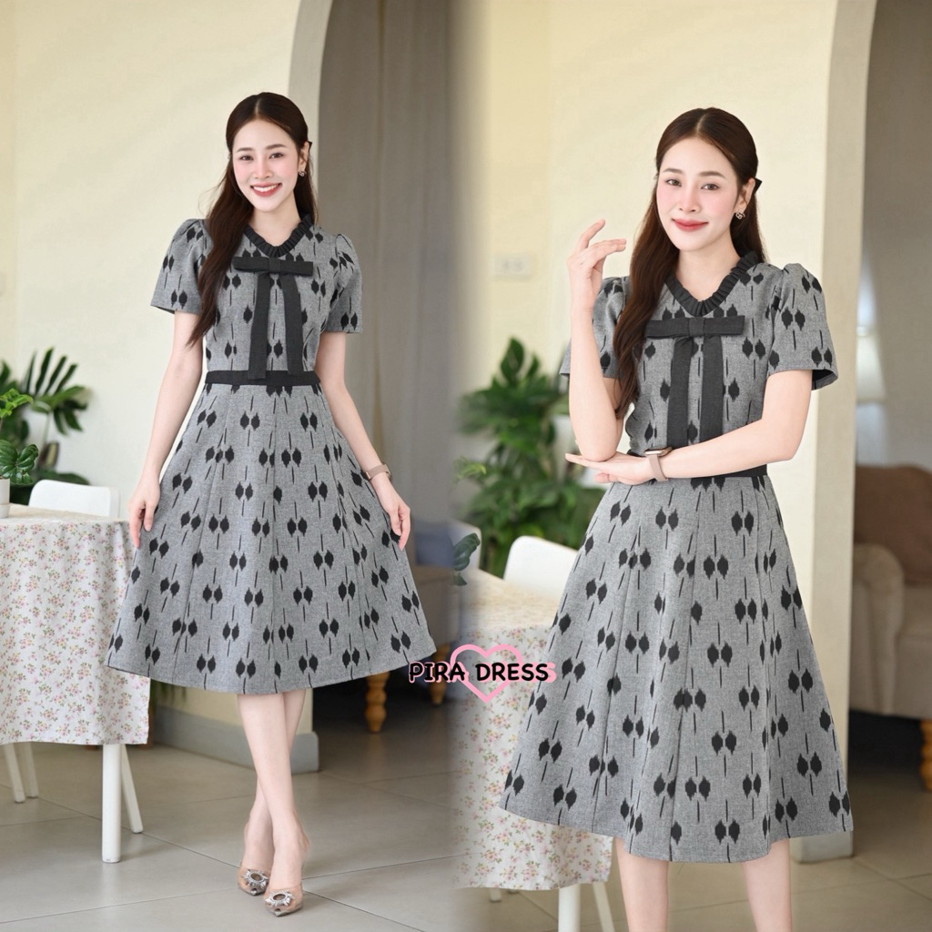 PIRA DRESS เดรสผ้าฝ้าย อัดกาวทั้งชุด สีดำ-เทา