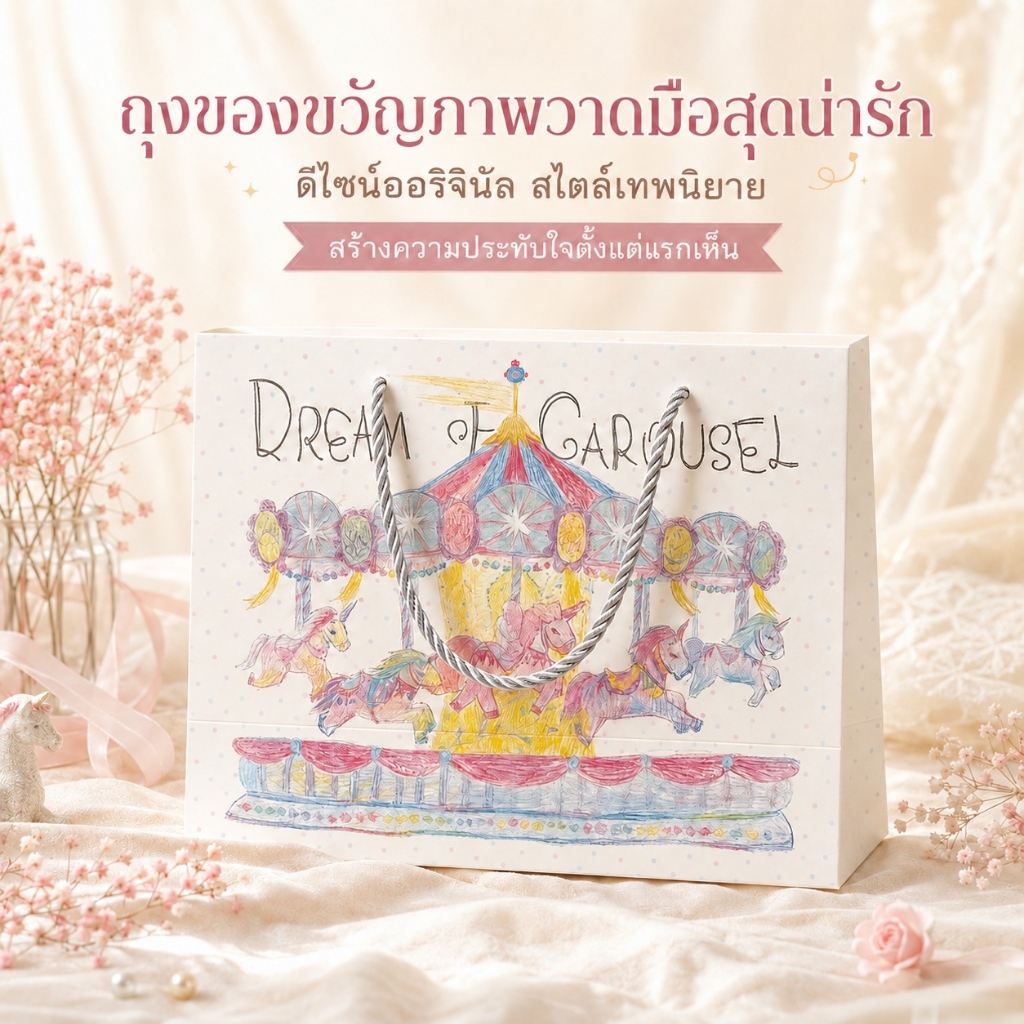 ถุงของขวัญวันเกิดลายม้าหมุนวาดมือ 4ขนาด กระดาษหนาพิเศษ หูเชือกเกลียวแข็งแรง แฟนตาซีพรีเมียม ใส่ของขวัญ ของชำร่วย