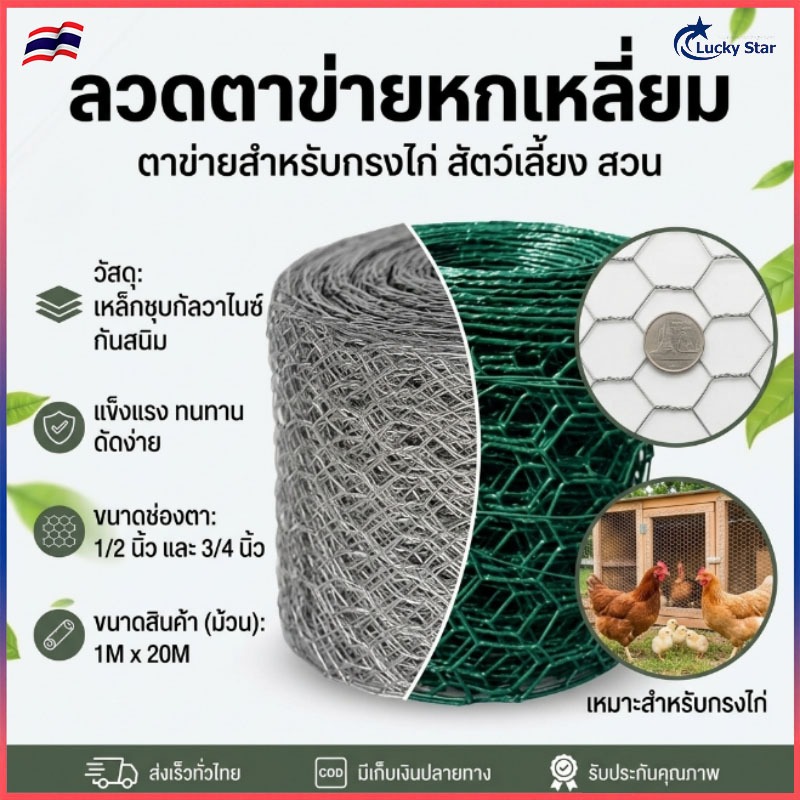 ตาข่ายเหล็กหกเหลี่ยม ชุบพีวีซี ขนาดตา 1/2 นิ้ว เหมาะทำกรงไก่ กรงนก กรงกระรอก 1 ม้วน