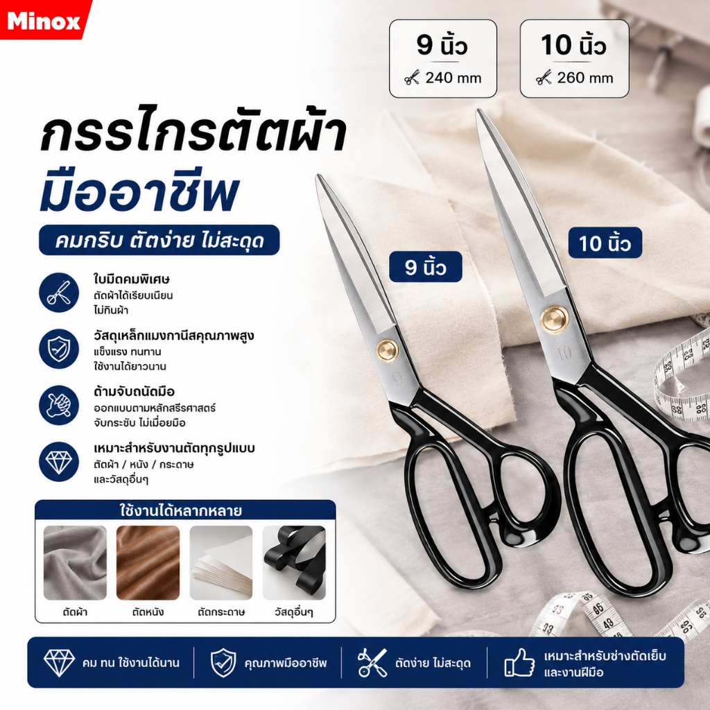 กรรไกร กรรไกรตัดผ้า ยี่ห้อ ความยาว 9นิ้ว 10นิ้ว