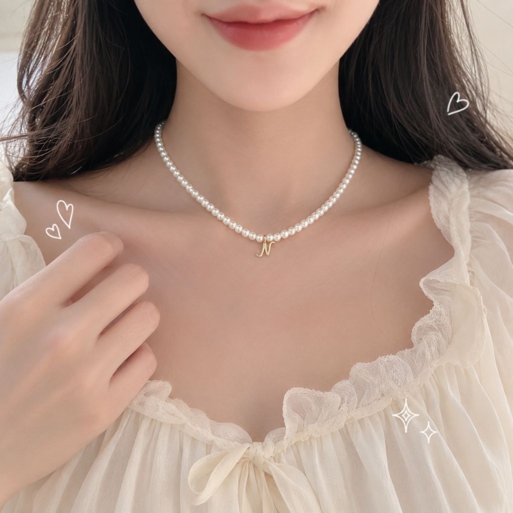💜สร้อยคอโช๊คเกอร์ มุกเทียม สร้อยคอ D.I.Y. ลูกปัดมุข  ลูกปัดใส พร้อมจี้โลหะ สีทอง สีเงิน ตัวอักษร พร้อมส่ง‼️