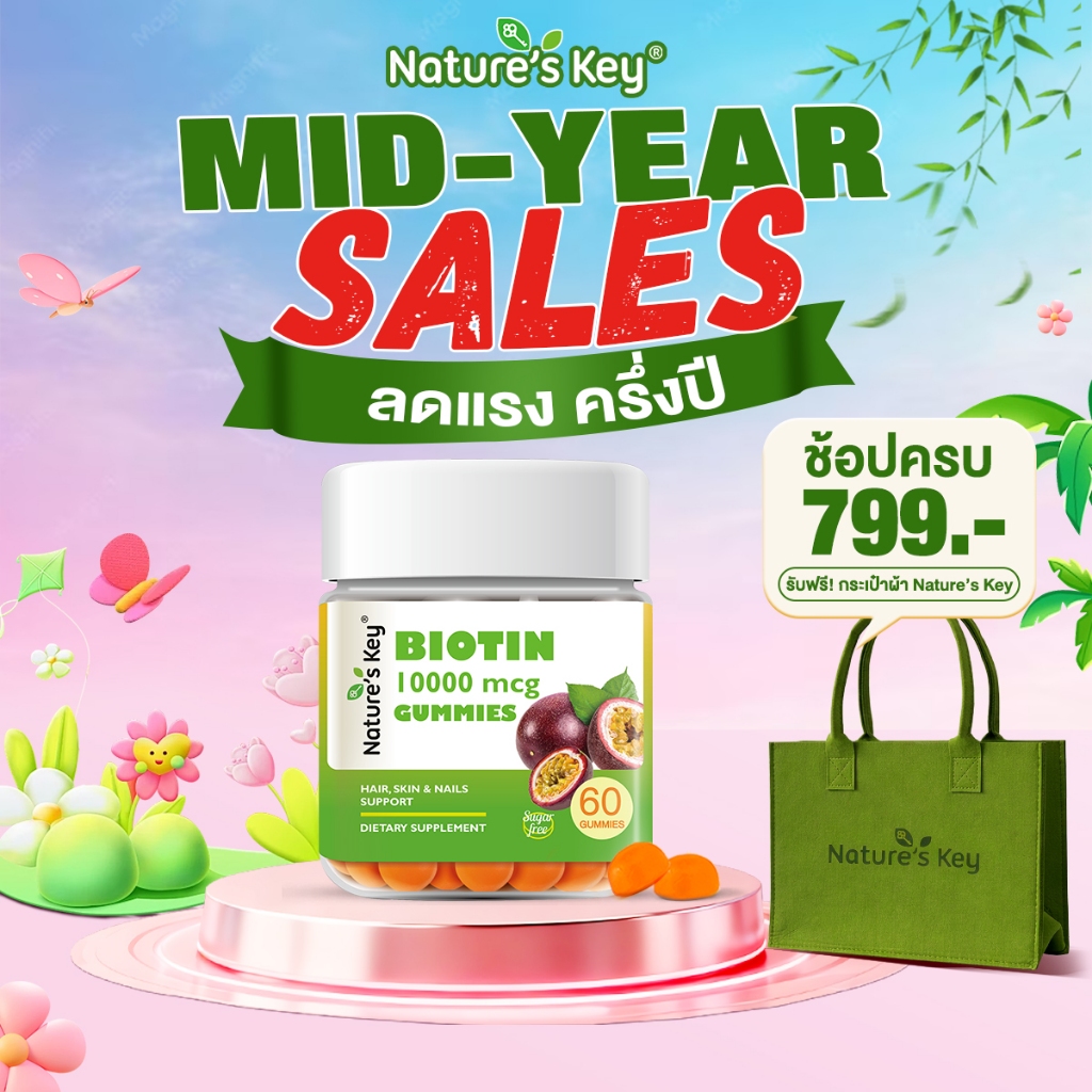[มีอย.]Nature's Key Biotin 10,000 mcg  ไบโอติน รูปแบบกัมมี่ บำรุงผม เล็บ ผิวให้สวยจากภายใน ลดผมขาดหลุดร่วง รสเสาวรส