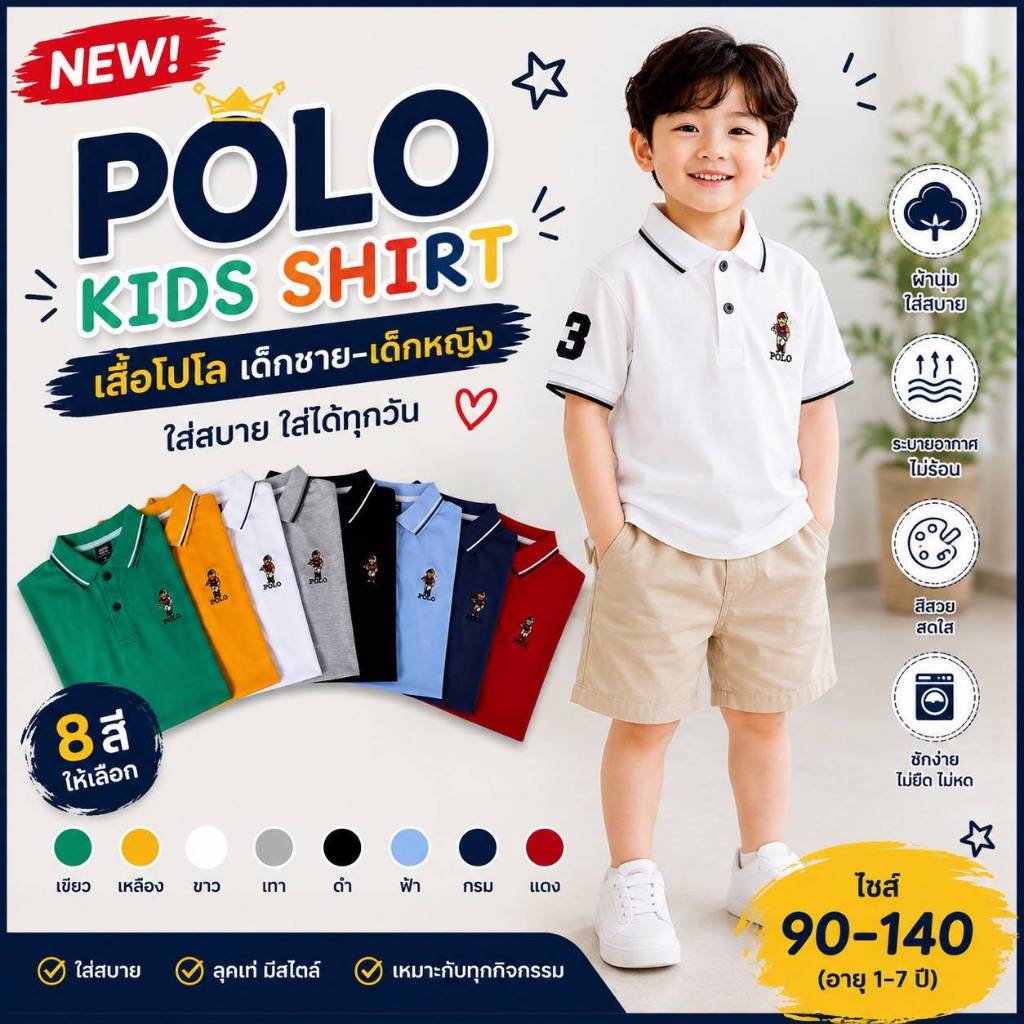 มาใหม่ เสื้อคอปกเด็ก  ปักหมี ผ้าดี สีไม่ตก ไม่หดไม่ย้วย เนื้อนุ่ม