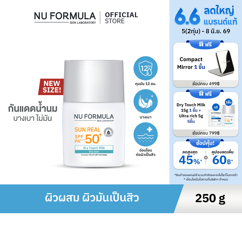 Nu Formula Sun Real SPF50+/PA++++ Dry Touch Milk 15g กันแดด เนื้อบางเบา คุมมัน