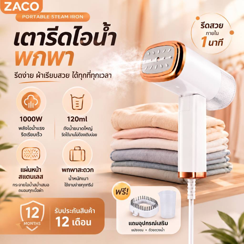 ZACO TQ-103 เตารีดไอน้ำมือถือ เตารีดไอน้ำพกพา ถังเก็บน้ำความจุขนาดใหญ่ 120 มล-รับประกัน 12 เดือน