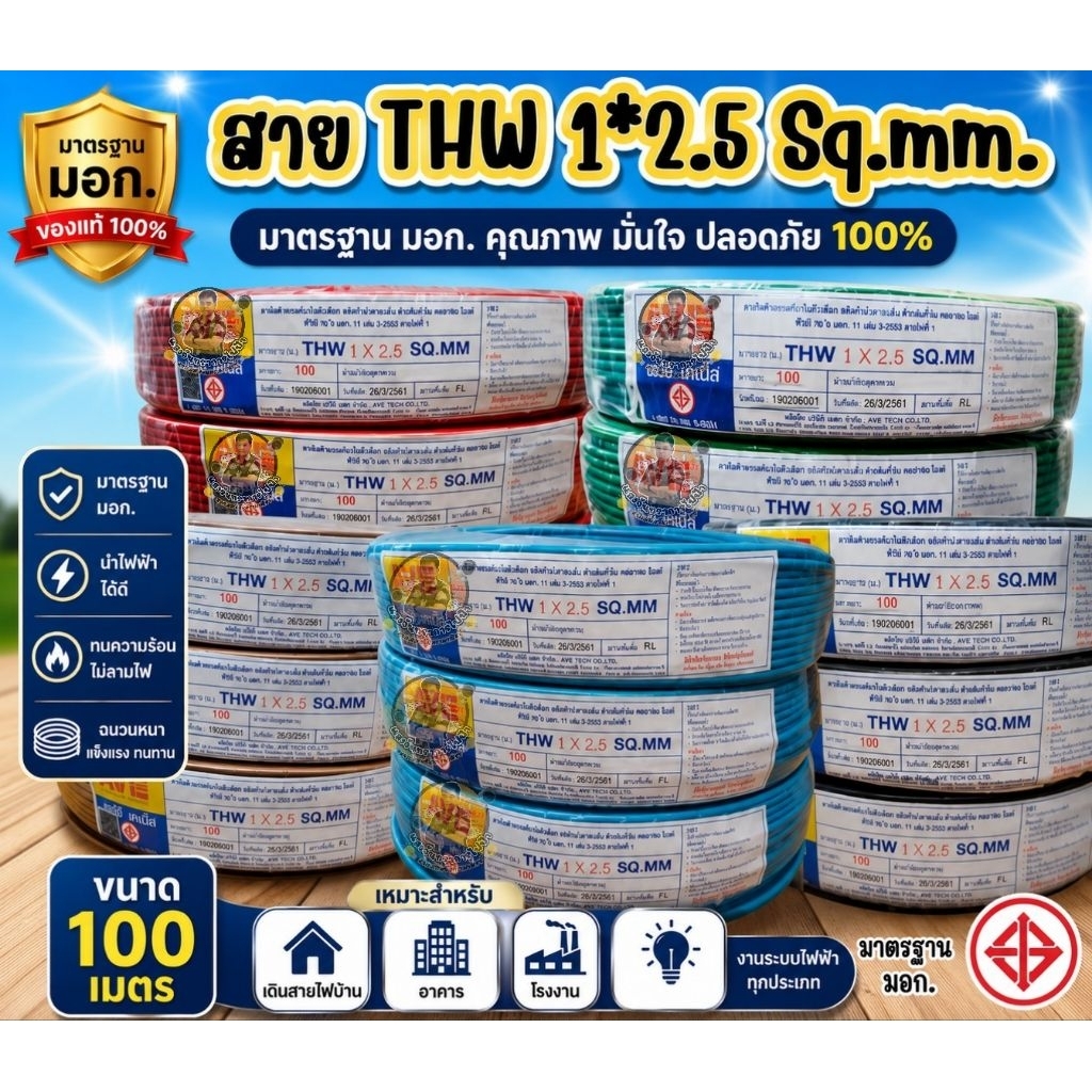 สายไฟ THW 1×2.5 ความยาว 100 เมตร สายเดี่ยวทองแดง (ไม่ระบุยี่ห้อ)
