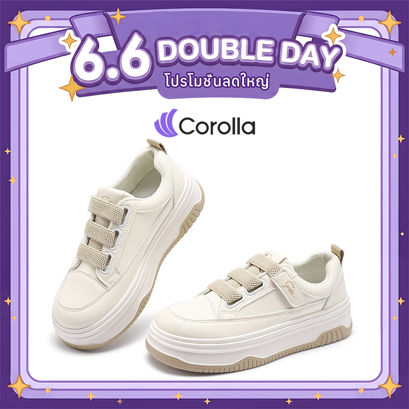 【11.1ใหม่】Corolla Velcro Three รองเท้าผ้าใบผู้หญิง พื้นหนา กันลื่น รองเท้าทรงลำลองไร้เชือก เสริมส้น สีขาว ผ้าใบแบบสวม
