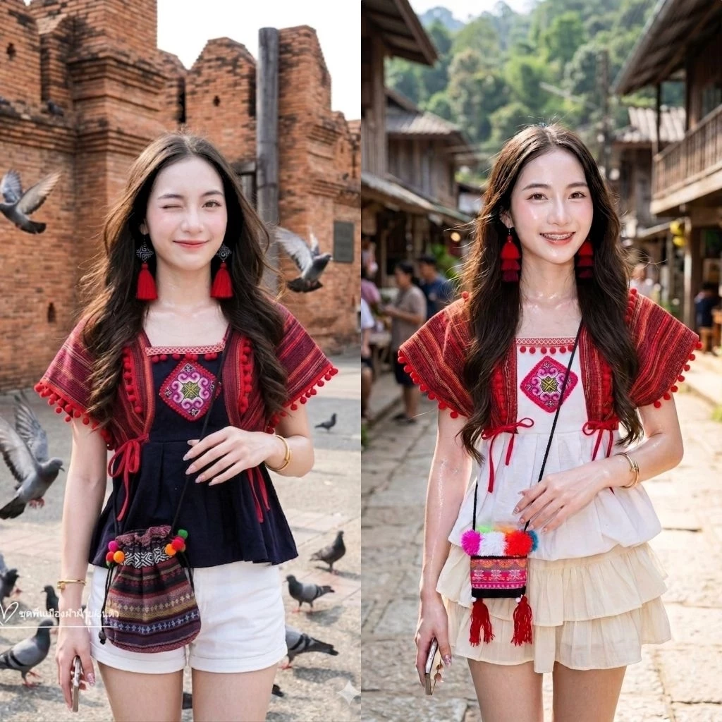 เสื้อพื้นเมืองผ้าฝ้ายรุ่นทอแขนปีกผีเสื้อทรงโมเดิลผูกเชือกด้านข้างสามารถปรับได้ตามสัดส่วน มีไซส์อกเล็ก-ใหญ่