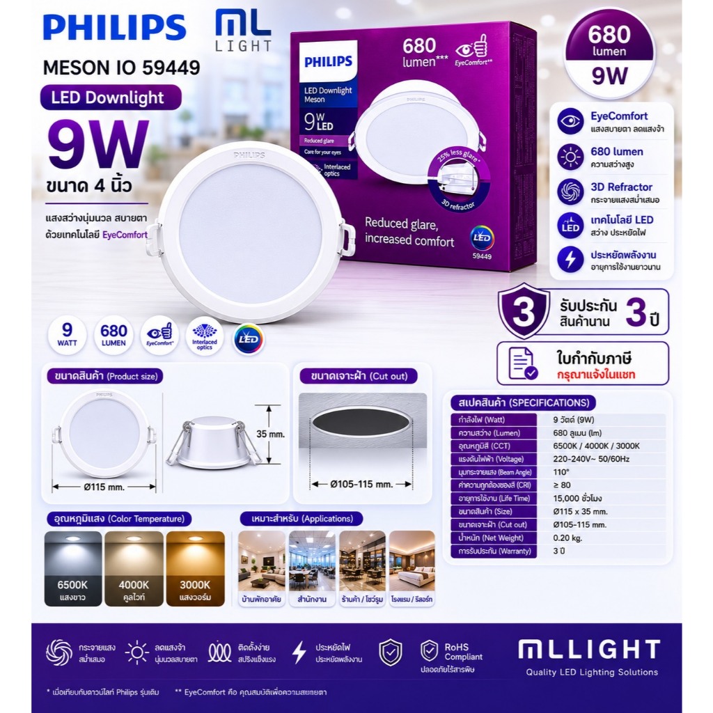 Philips LED Downlight 9W รุ่น 59449 Meson 105 หน้ากลม 4นิ้ว 9วัตต์ โคมไฟ ดาวน์ไลท์ ดาวไลท์ Panel LED