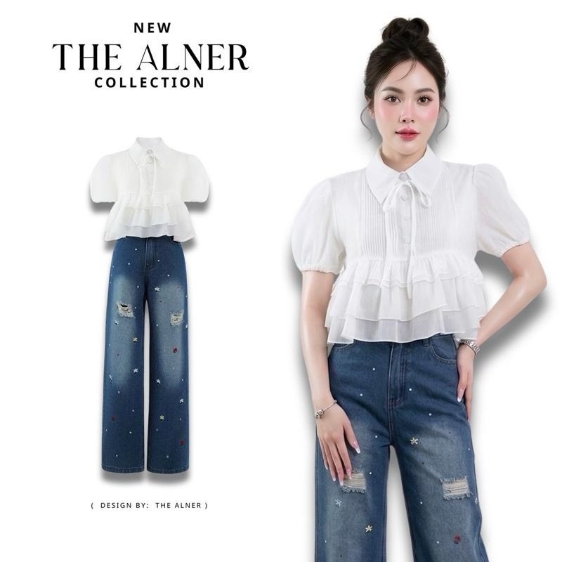 Thealner-AN014 (เซตเสื้อขาวคอปกแขนตุ๊กตากางเกงยีนส์ขายาว)