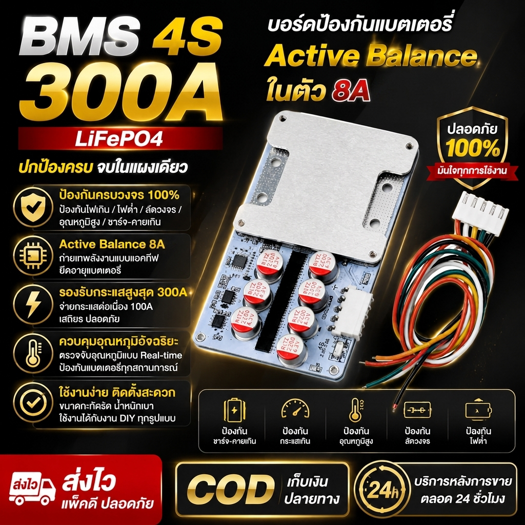 BMS 4S100A Peak 300A+ Active Balance วงจรป้องกันแบตเตอรี่ LiFePO4 มีแอคทีฟบาลานซ์8A ในตัว ราคา1ชิ้น