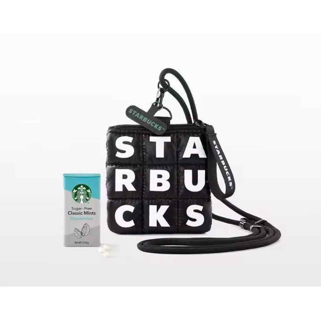 starbuck metallic pouch bag สีเงิน/สีดำ พร้อมลูกอมรสมิ้นต์สูตรไม่มีน้ำตาล