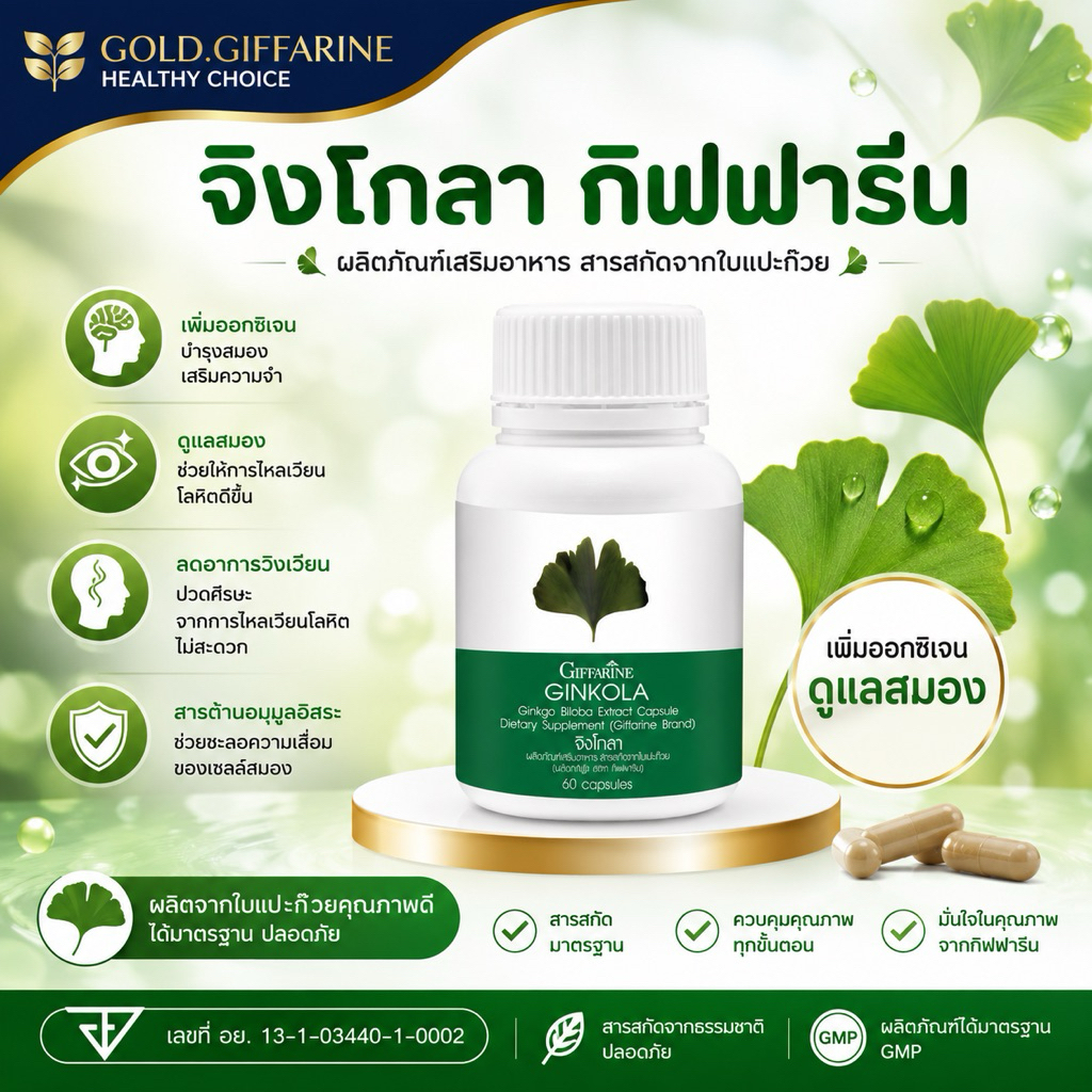 แปะก๊วย จิงโกลา กิฟฟารีน Ginkola GIFFARINE บำรุงสมอง ป้องกันอัลไซเมอร์ น้ำในหูไม่เท่ากัน