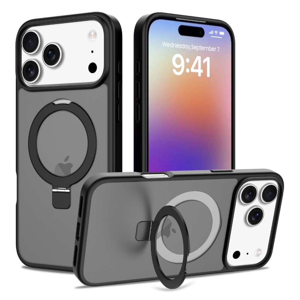 เคส iPhone 17 Pro Max กันกระแทก ใสแมตต์ ปกป้องกล้องเต็มรูปแบบ ขาตั้งหมุนได้ แผ่นป้องกันหน้าจอ กันลื่น บางเบาblack orange