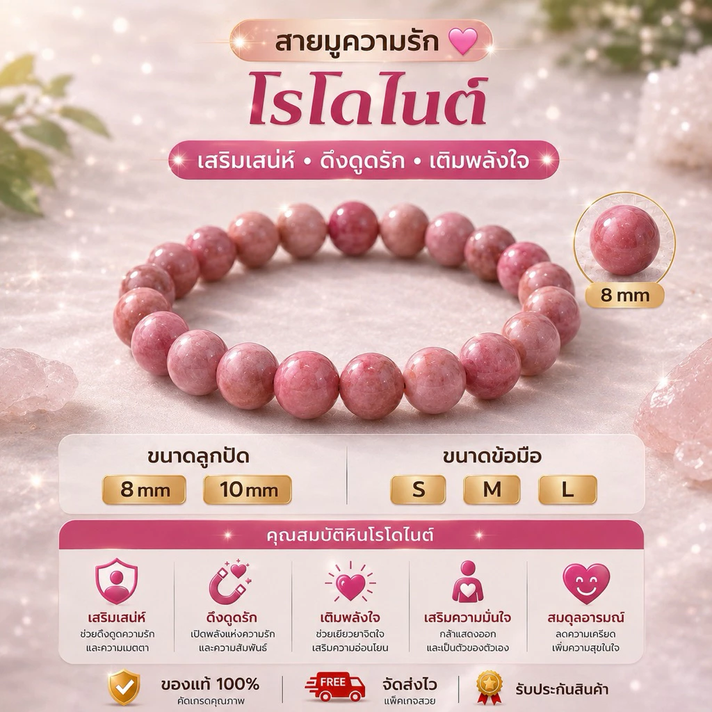 💗 โรโดไนต์ พลังรักและการเยียวยาหัวใจ ✨ หินมงคล หินนำโชค 8 mm 10 mm S M L พร้อมส่ง