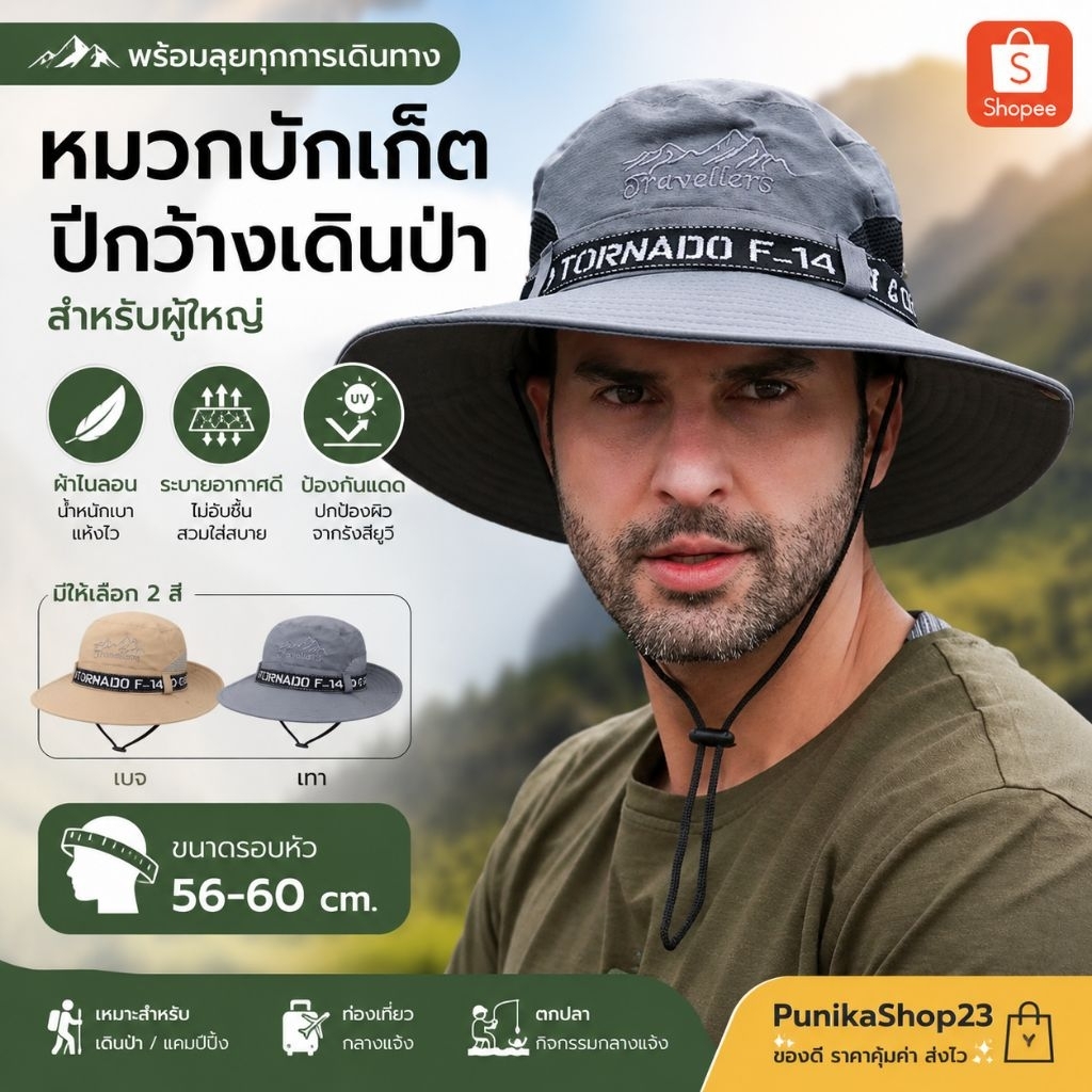 [พร้อมส่ง] หมวกบักเก็ต หมวกปีกรอบเดินป่าสำหรับผู้ใหญ่ ขนาดรอบหัว: 56-60 cm. ผ้าไนลอน ปักอักษร Travel
