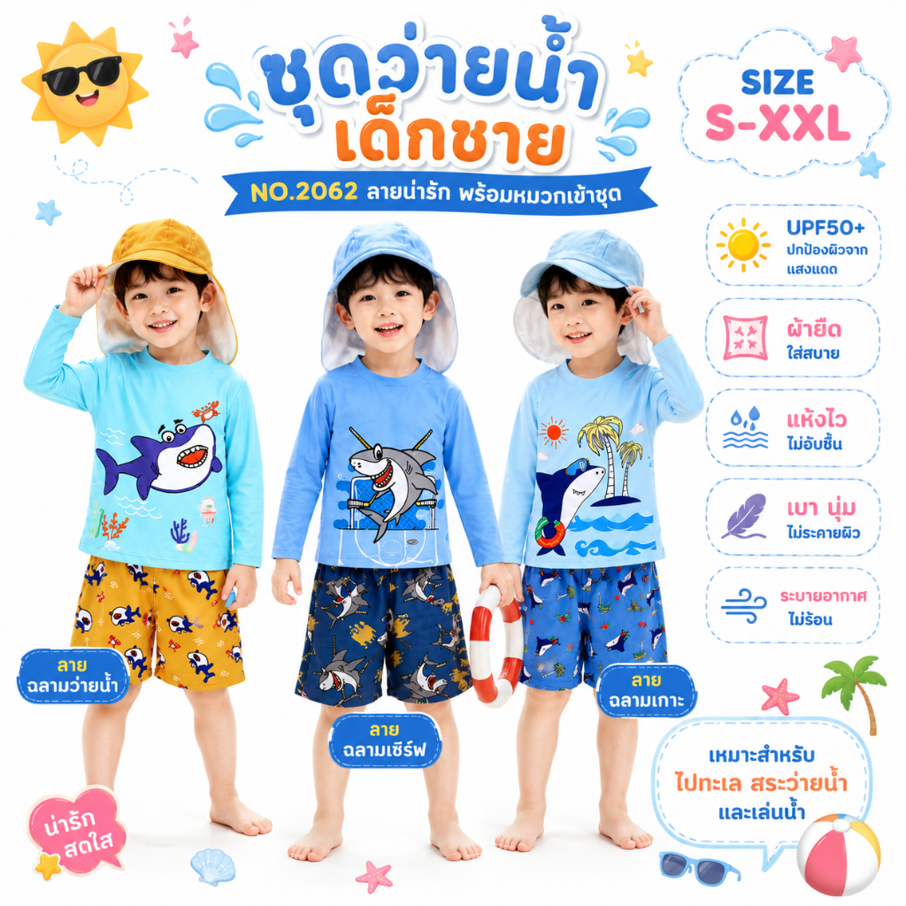 Summer Story พร้อมส่ง ชุดว่ายน้ำเด็กผู้ชายแขนยาว ขาสั้น มาพร้อมหมวกสุดน่ารัก ผ้ากันUV รุ่น 2062