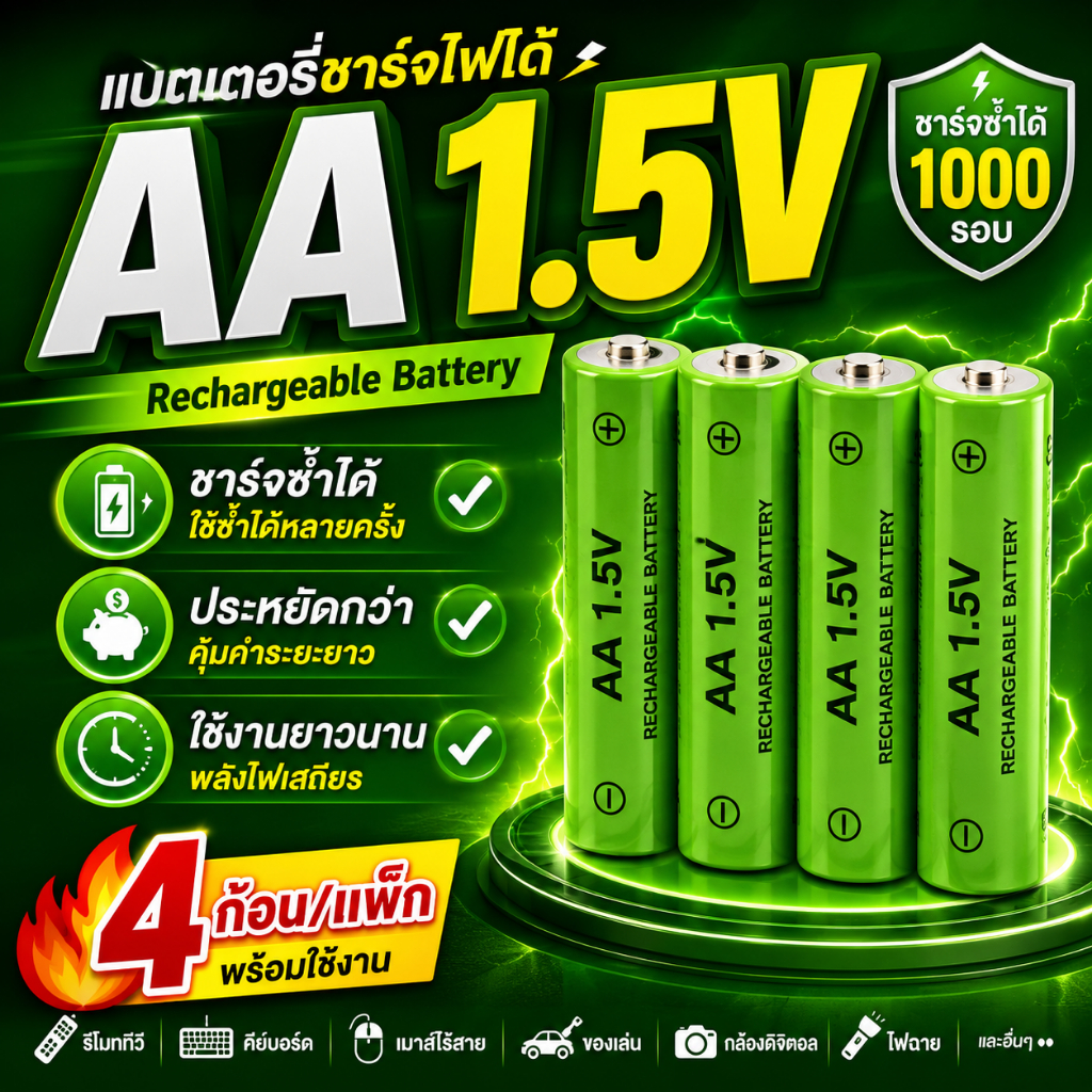 แบตเตอรี่ AA ชาร์จไฟได้ 1.5V (4 ก้อน/แพ็ก) Rechargeable Battery ใช้งานซ้ำได้ สำหรับรีโมท เมาส์ คีย์บอร์ด กล้อง ของเล่น